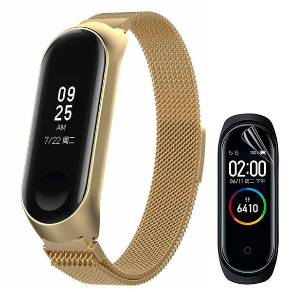 Kit Pulseira Dourada Aço Inox Milanês compatível Xiaomi Mi Band 6 + Película de Gel Silicone